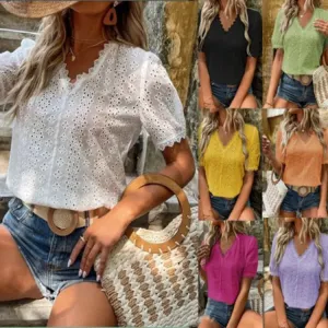 Women's Chiffon Shirt Short Sleeve Blouses Hollow Out Casual Elegant Solid Color