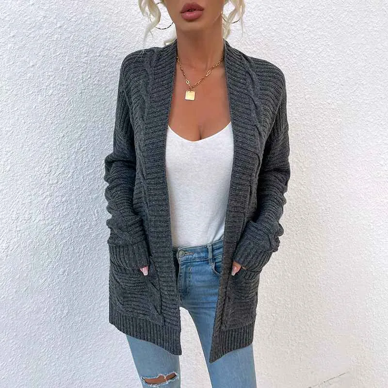 Women's Open Front Cardigan Sweaters Fashion Button Down Cable Kint Chunky Outwear Winter Coats K076