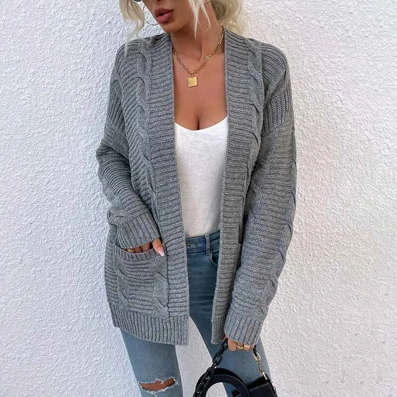 Women's Open Front Cardigan Sweaters Fashion Button Down Cable Kint Chunky Outwear Winter Coats K076