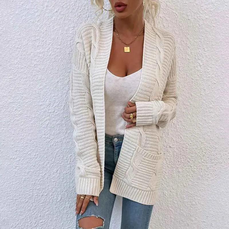 Women's Open Front Cardigan Sweaters Fashion Button Down Cable Kint Chunky Outwear Winter Coats K076