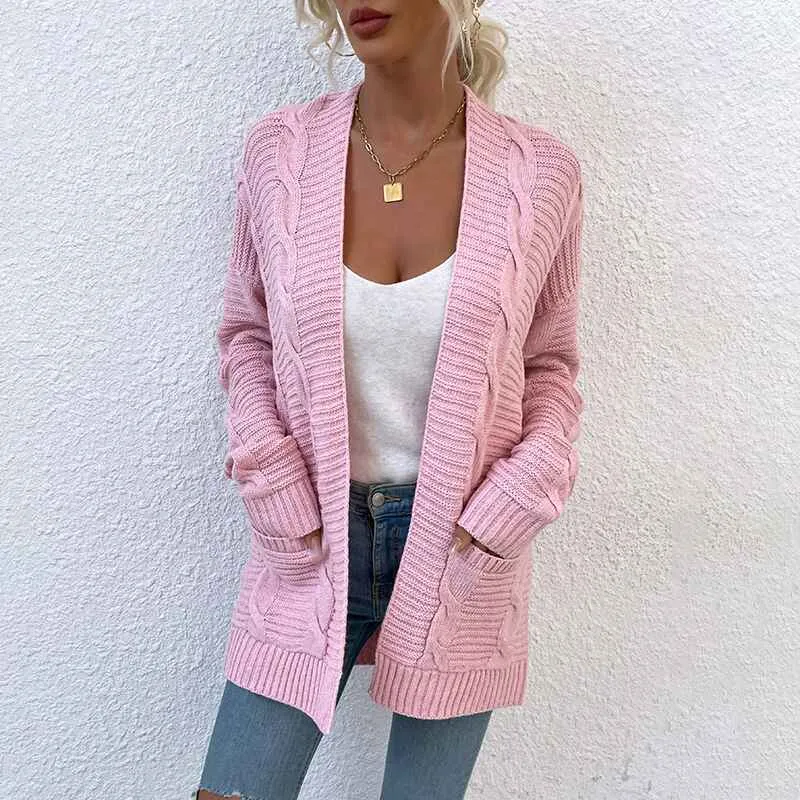 Women's Open Front Cardigan Sweaters Fashion Button Down Cable Kint Chunky Outwear Winter Coats K076