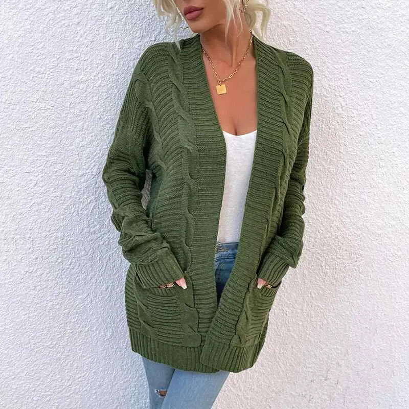 Women's Open Front Cardigan Sweaters Fashion Button Down Cable Kint Chunky Outwear Winter Coats K076
