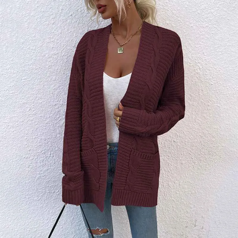 Women's Open Front Cardigan Sweaters Fashion Button Down Cable Kint Chunky Outwear Winter Coats K076