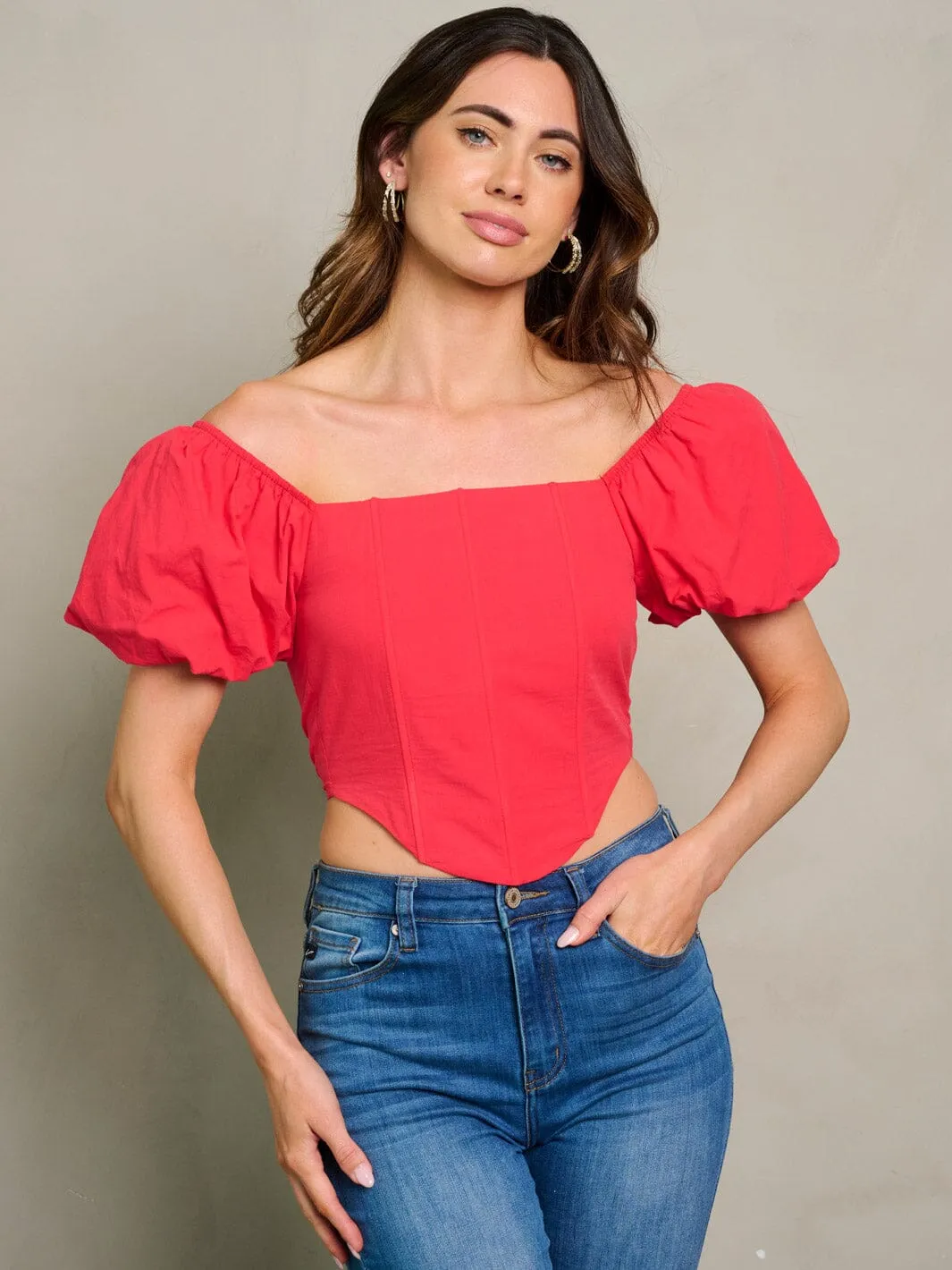 WOMEN'S SHORT PUFF SLEEVE SMOCK CROP TOP