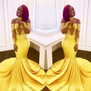 yellow evening dresses long sleeve off the shoulder lace appliqué beaded mermaid African evening gowns