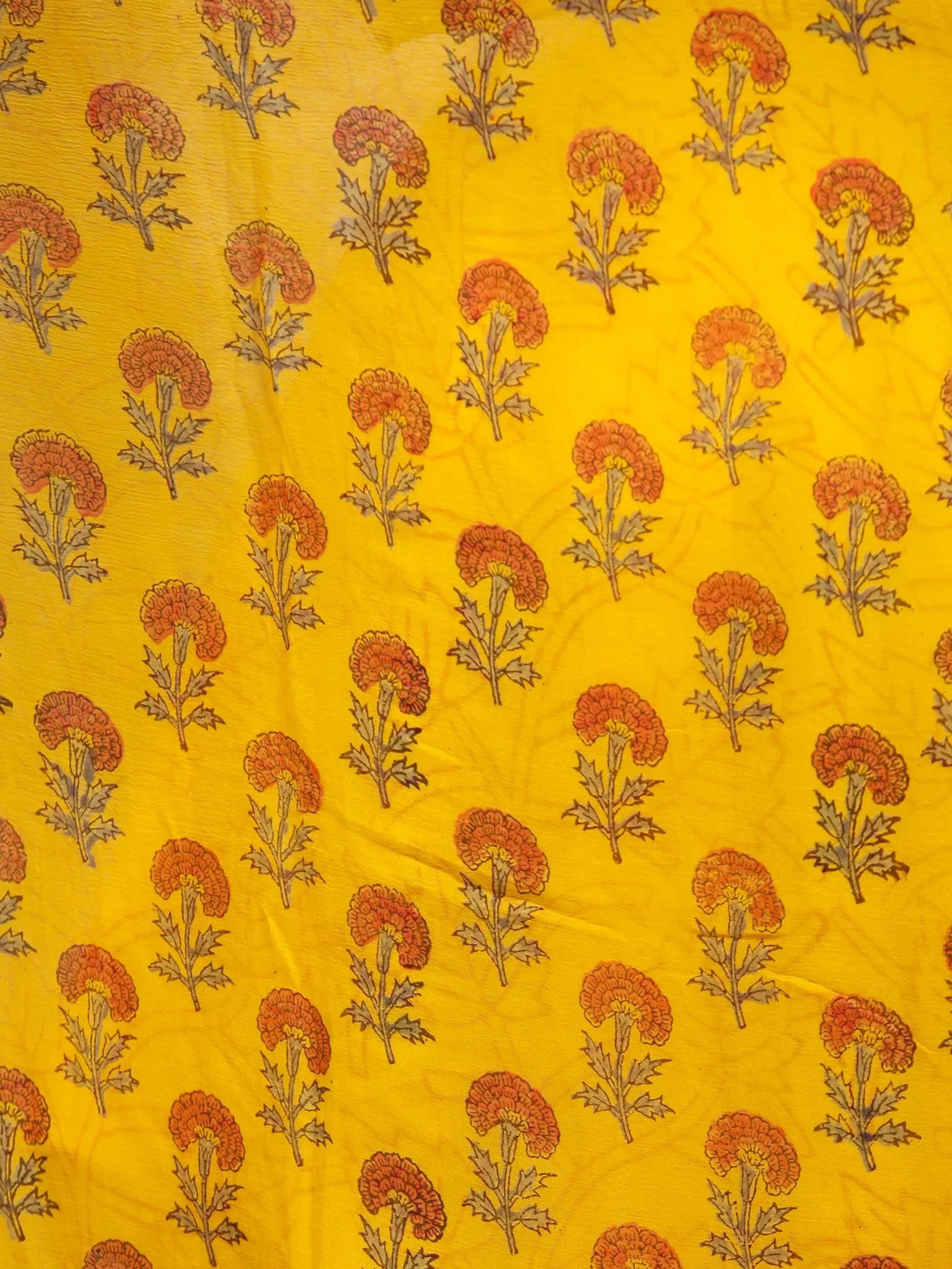 Yellow Orange Green Hand Block Printed Chiffon Saree with Zari Border - S031703499