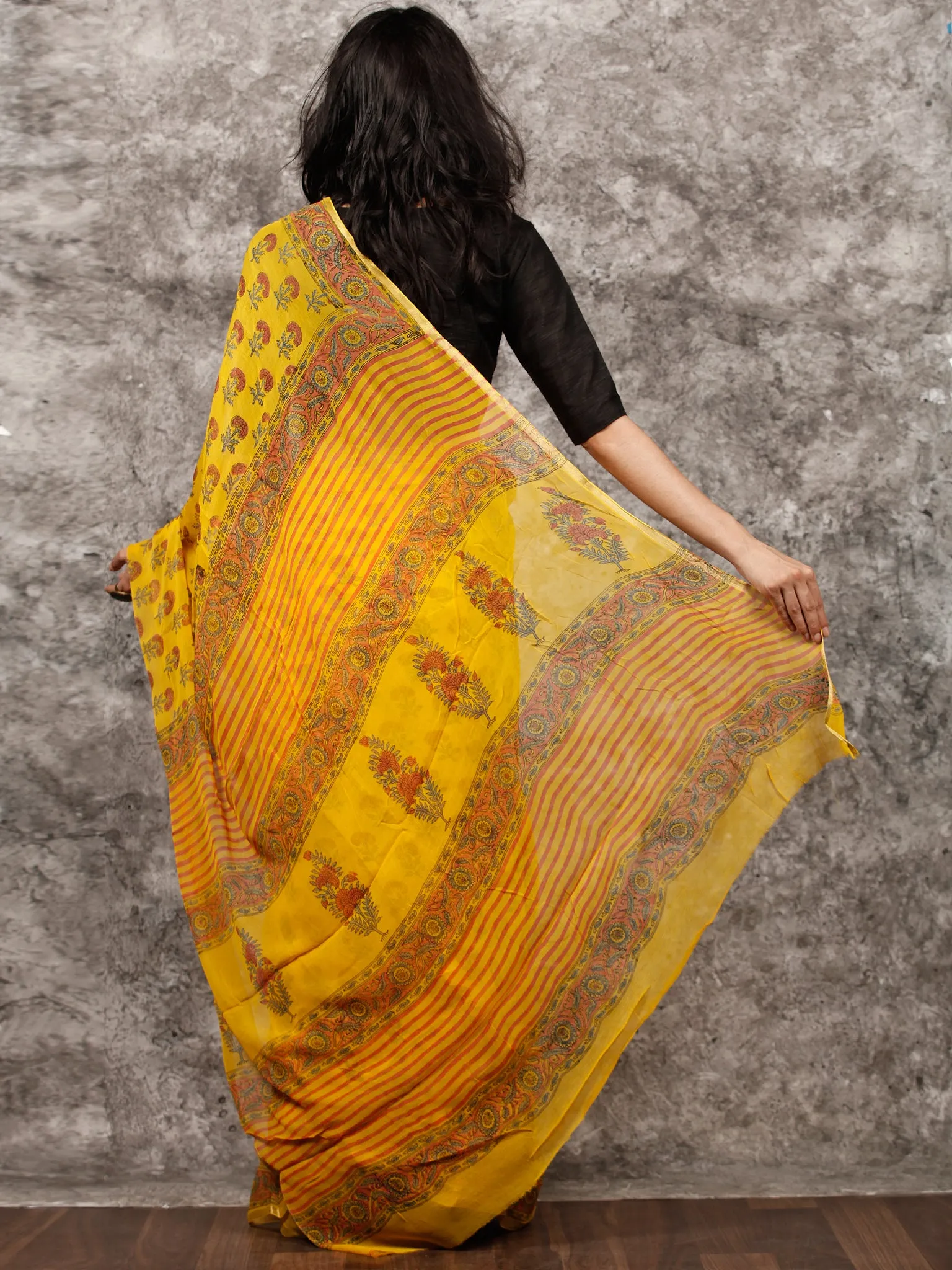 Yellow Orange Green Hand Block Printed Chiffon Saree with Zari Border - S031703499