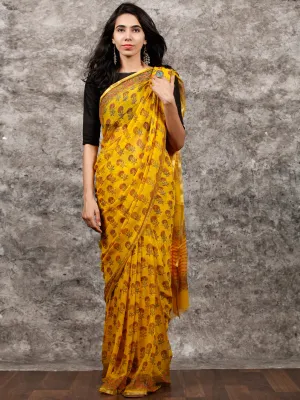Yellow Orange Green Hand Block Printed Chiffon Saree with Zari Border - S031703499