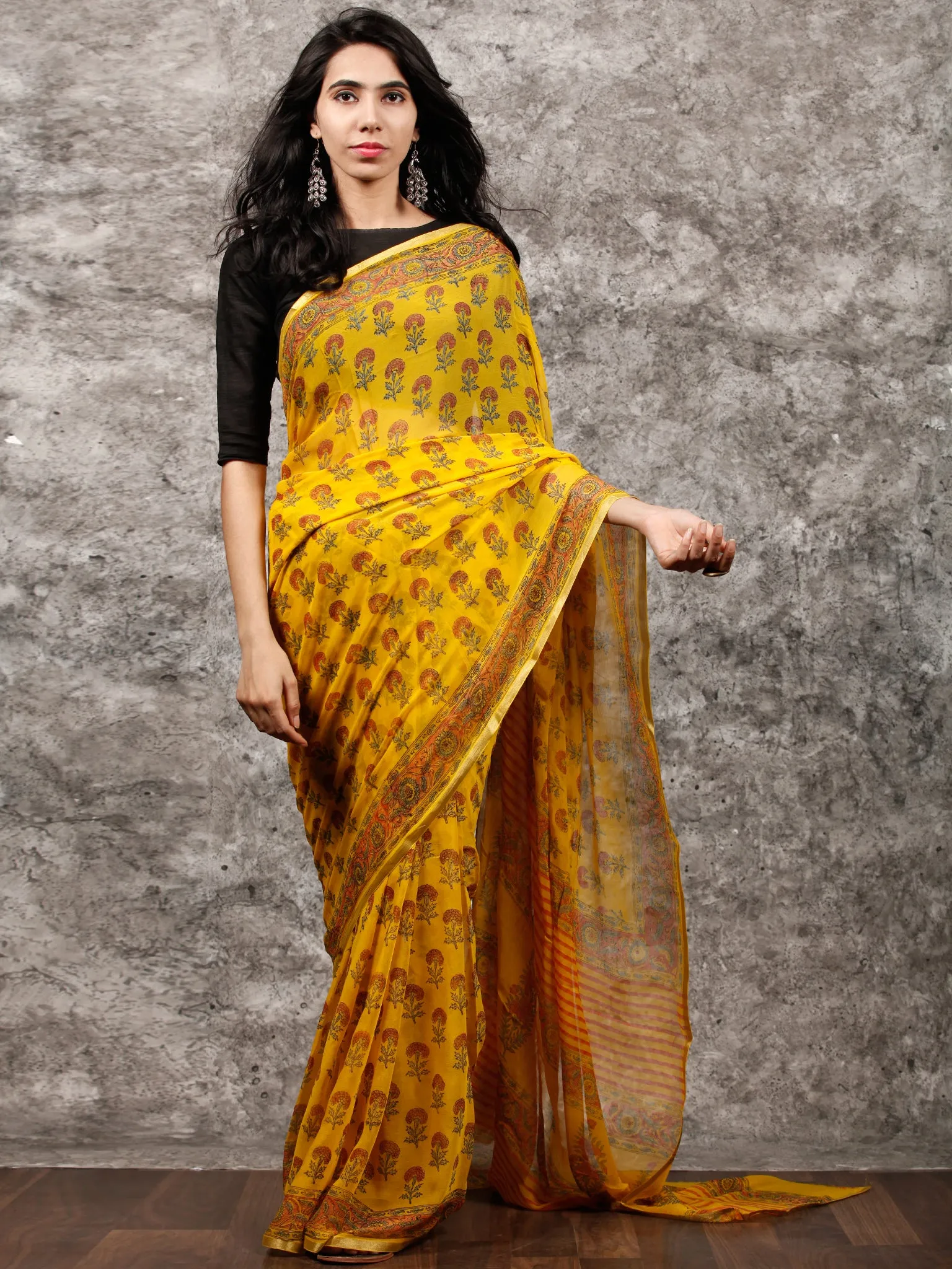 Yellow Orange Green Hand Block Printed Chiffon Saree with Zari Border - S031703499