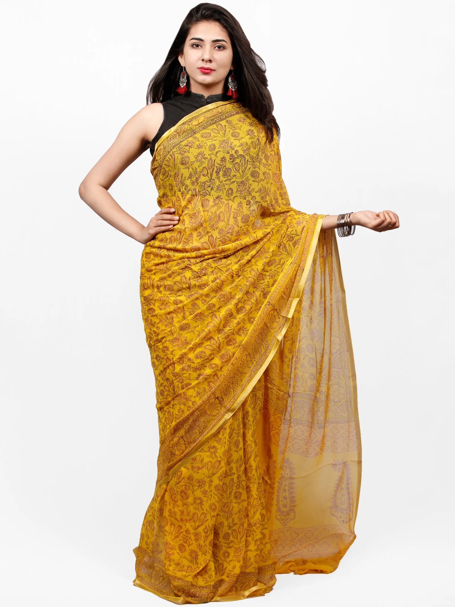 Yellow Rust Hand Block Printed Chiffon Saree with Zari Border - S031703296