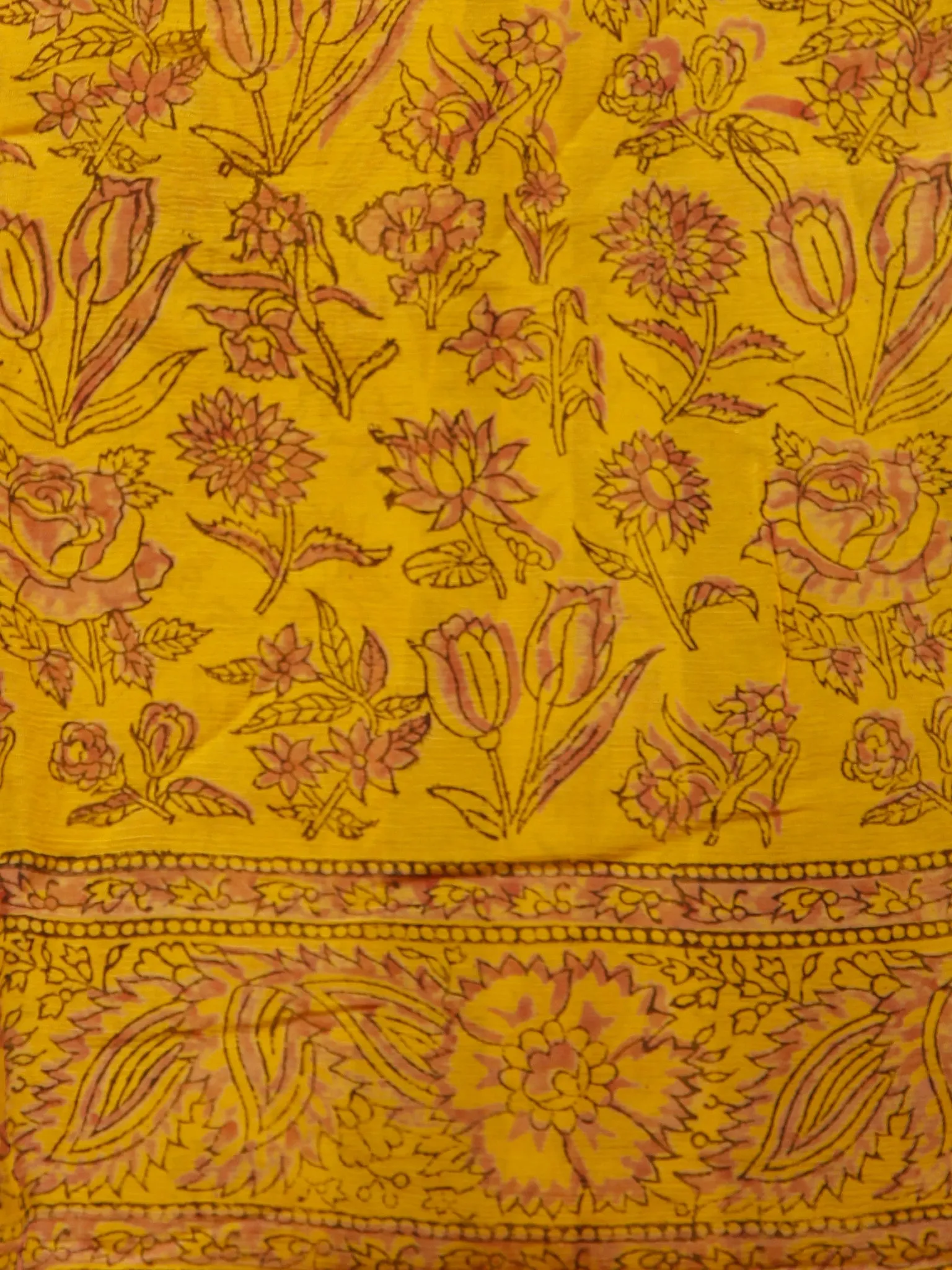 Yellow Rust Hand Block Printed Chiffon Saree with Zari Border - S031703296