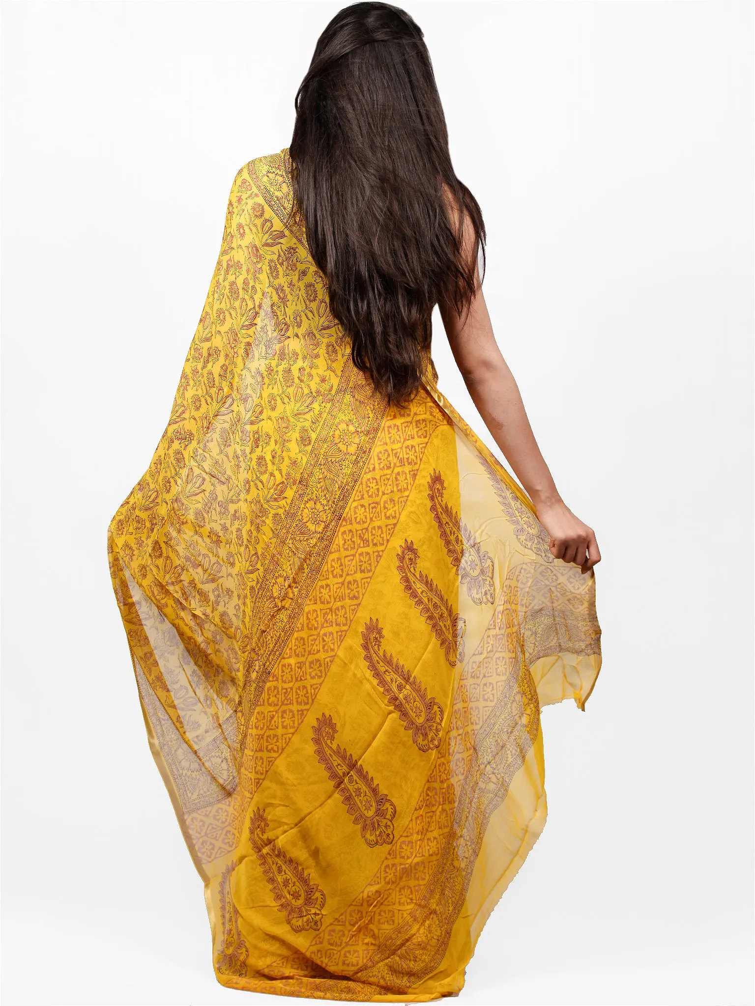 Yellow Rust Hand Block Printed Chiffon Saree with Zari Border - S031703296